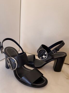 Tory Burch Thames Black Leather Buckle Block Heel Sandals
